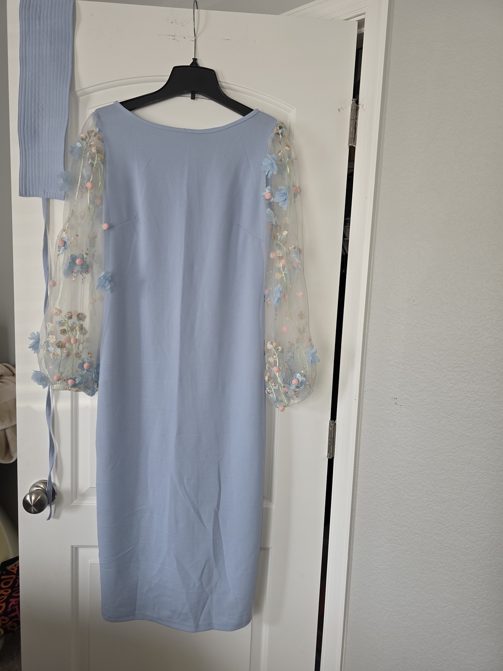SHEIN Light Blue Midi Dress with Sheer Embroidered Sleeves with matching belt